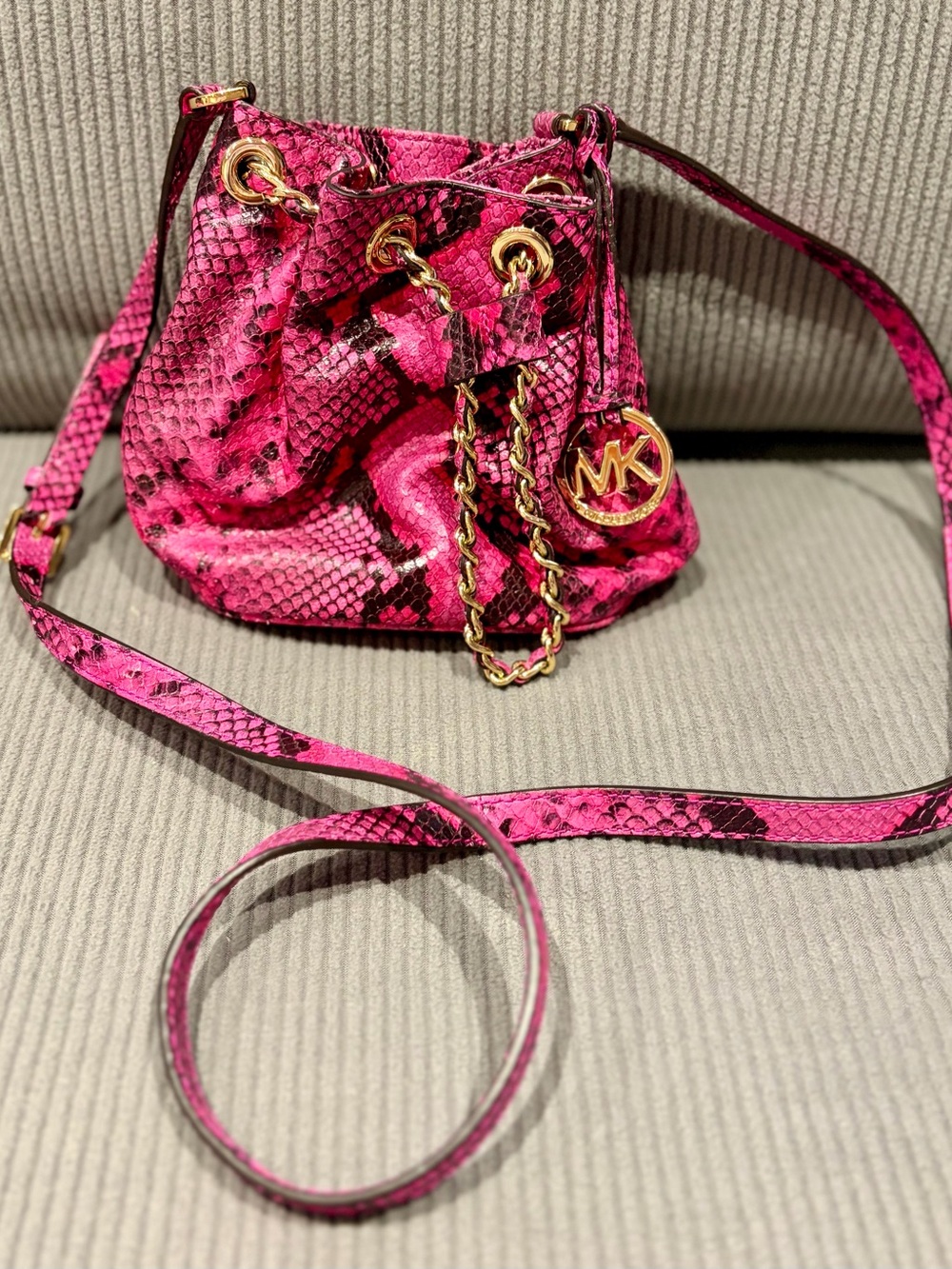 Michael Kors Hot Pink Snake-Print Drawstring Crossbody with Gold Hardware